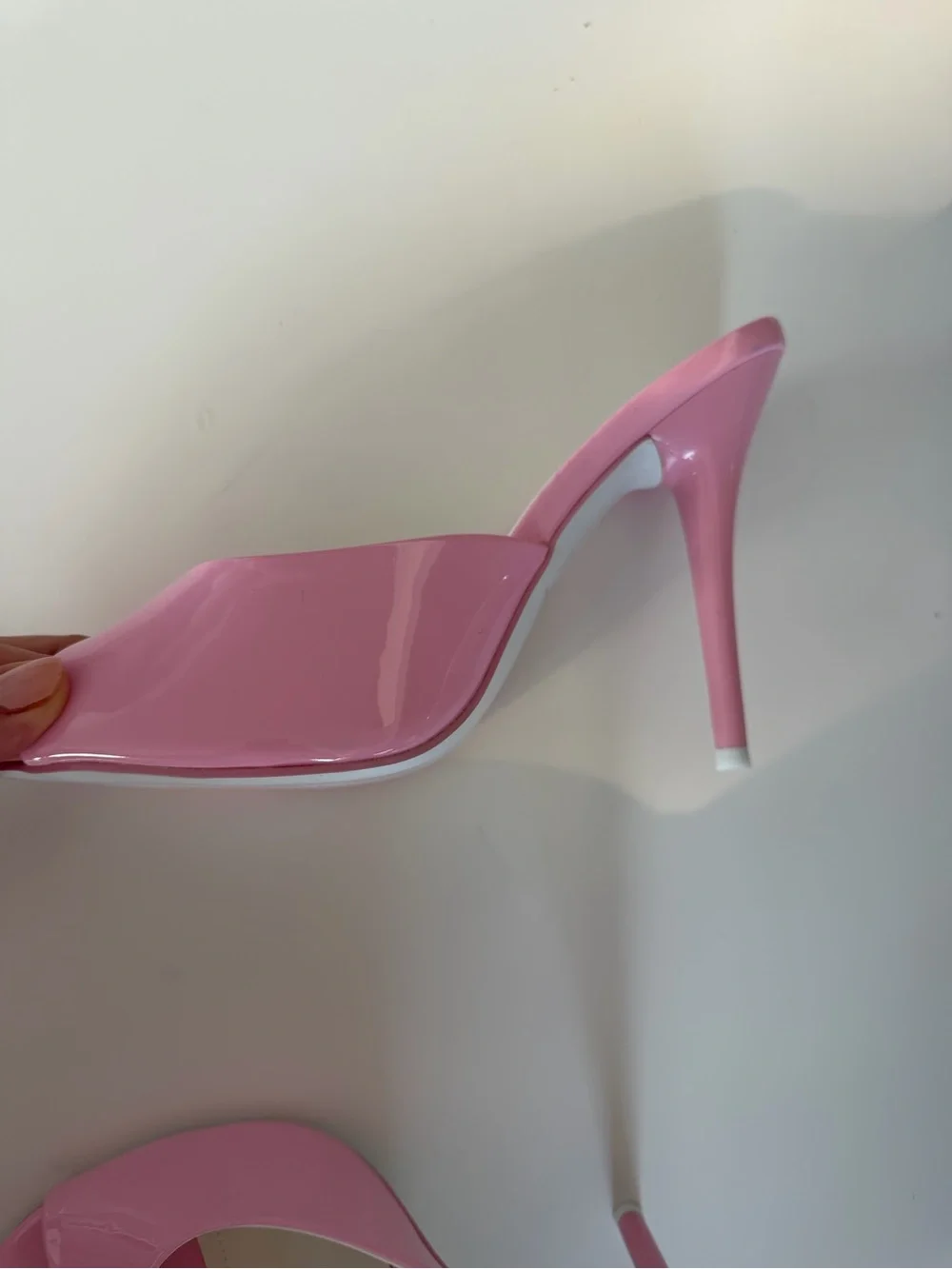 Glossy Pink Patent Peep-Toe Stiletto Mules
